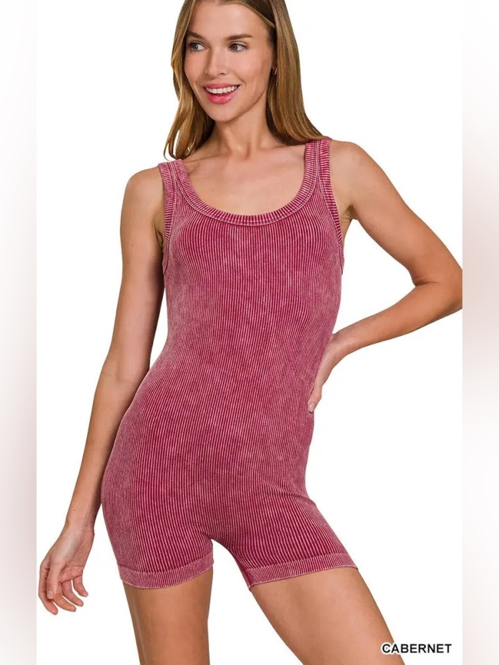 Zenana Stone Washed Ribbed Seamless Romper - NWOT - Burgundy- S/M